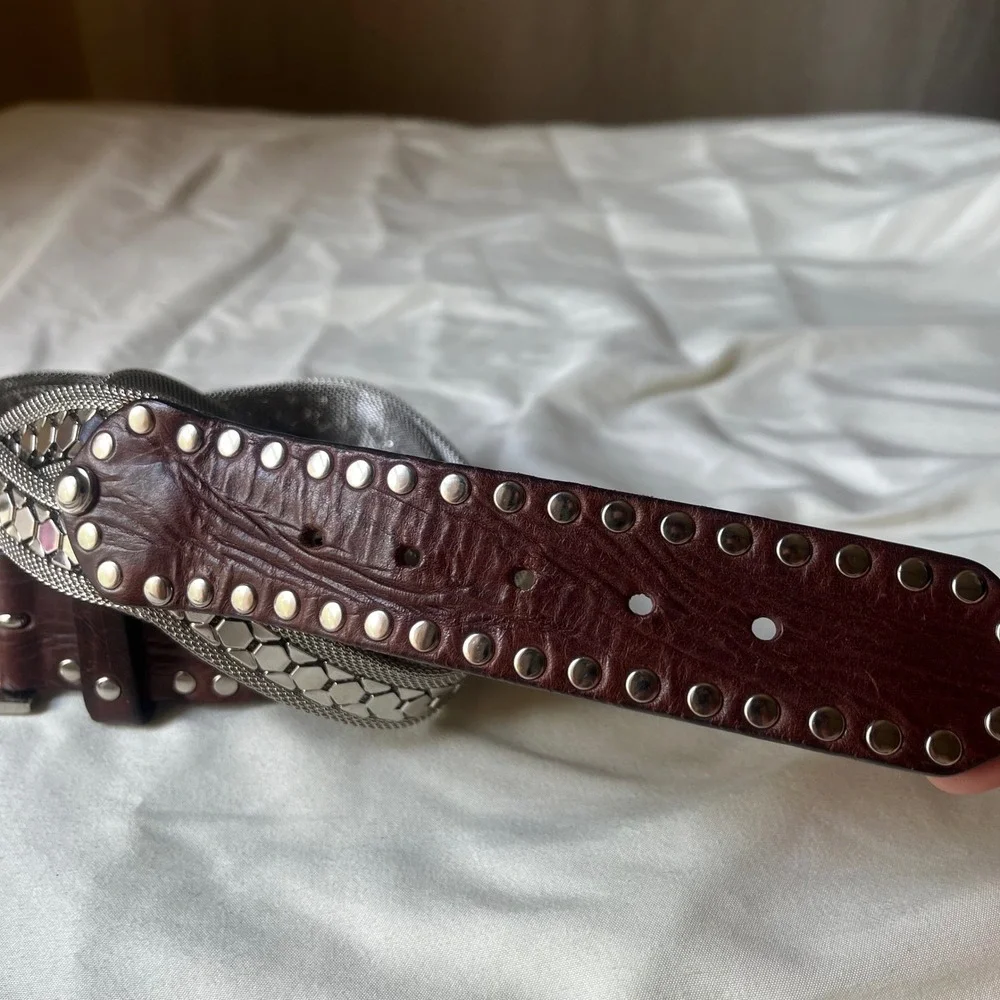 Nanni Italy Silver Mesh Leather Studded Belt 85/32 Brown Made in Italy